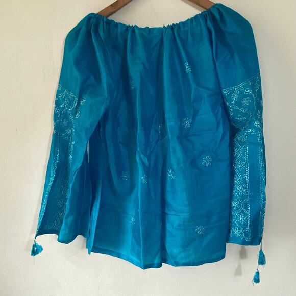 Blue Embroidered Long Sleeve Sz S  Silk Ethnic Top Boho Festival Blouse - Picture 8 of 10